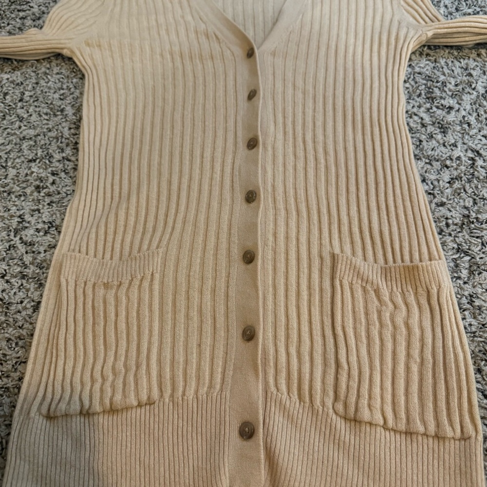 VINCE Skinny Ribbed 100% Cashmere Soft Button Down Beige Cardigan Women’s Medium - Picture 9 of 12